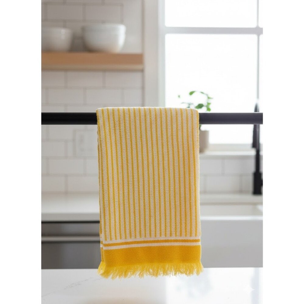 VTG Fieldcrest Hand Towel Yellow White Striped Fringe‎ MCM Retro 70s 80s USA
